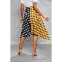 Elegant Irregular Lace-Up Check Midi Skirt
