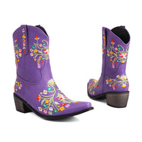 Embroidered Color Matching Ethnic Style Retro Chunky Heel Square Head Knight Martin Boots