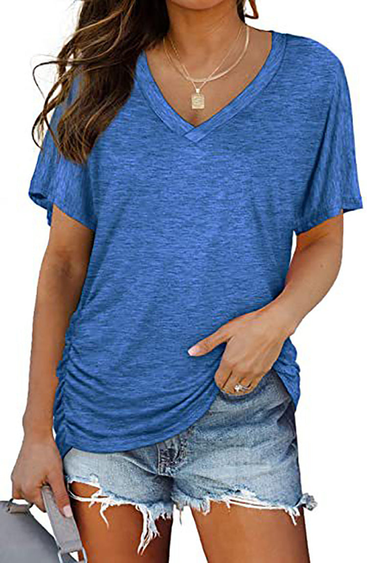 European And American T-shirt Solid Color Casual Loose-fitting V-neck Top - Chic Angle