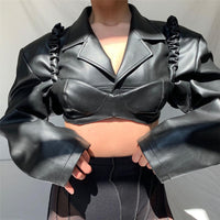 Women's New Style Long-sleeved Lapel Umbilical Slimming PU Leather Top