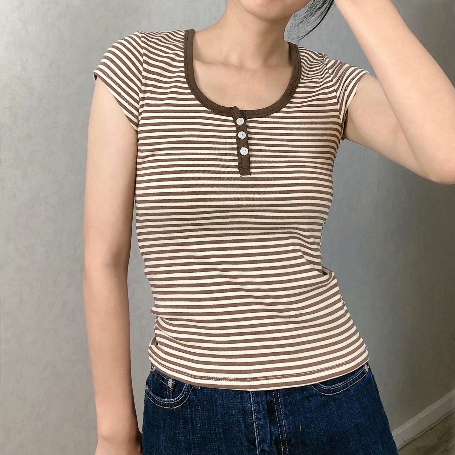 All-match Brown Striped Three-button Slim-fit Short-sleeved T-shirt