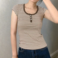 All-match Brown Striped Three-button Slim-fit Short-sleeved T-shirt