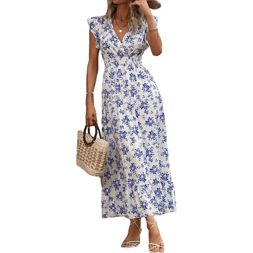Women's Floral V-shaped Collar Dress Waist Layered Floral Long Skirt