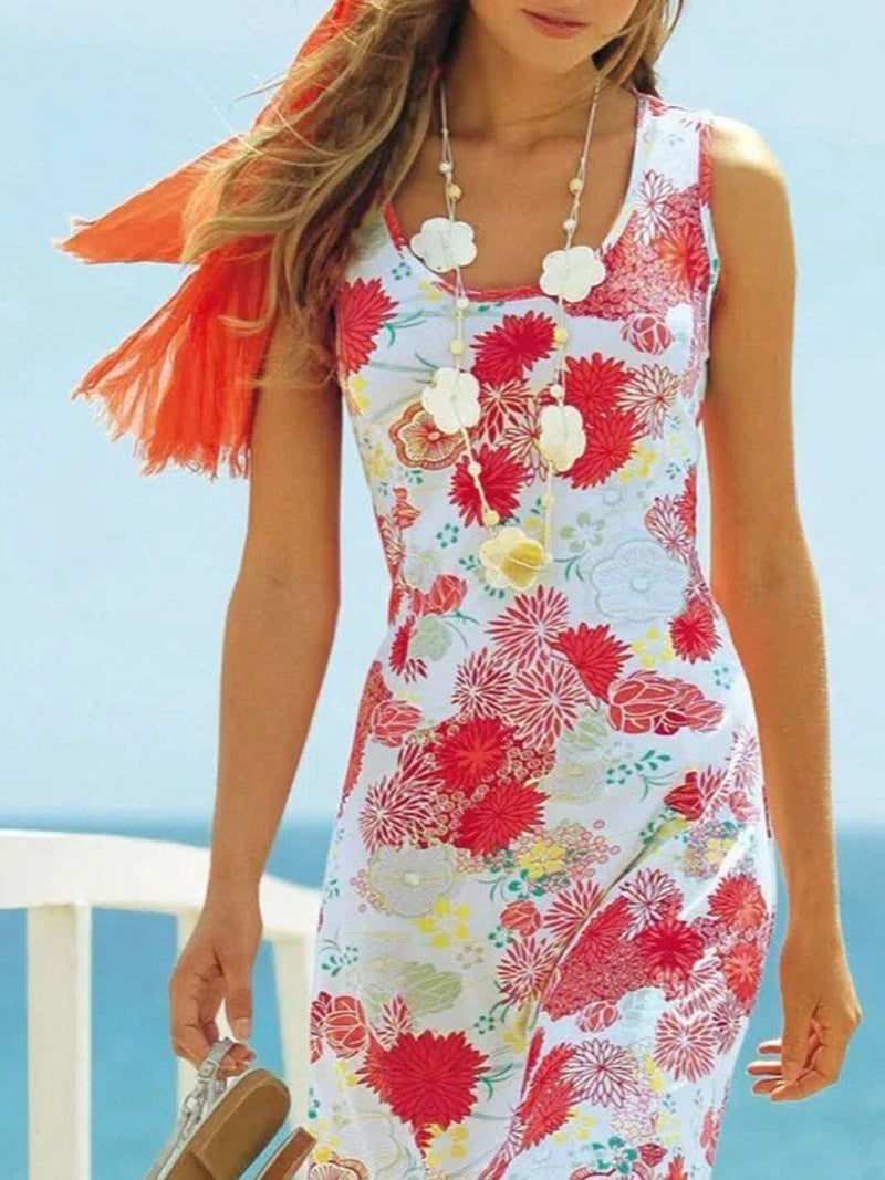 European And American Floral Print U-neck Sleeveless Beach Vacation Mid-length Dress