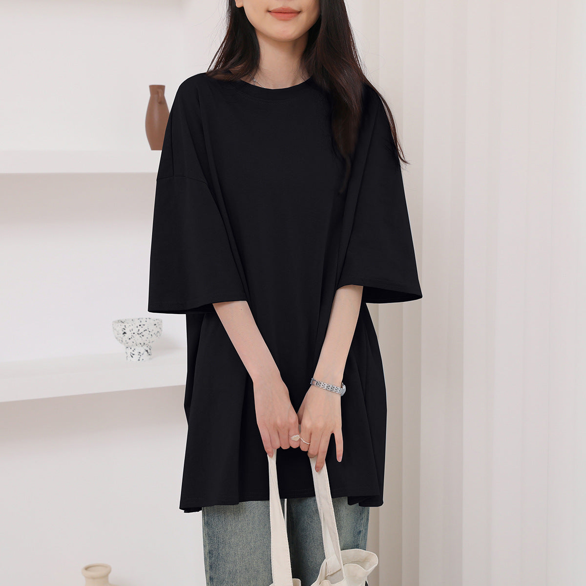 Summer Pure Cotton T-shirt Side Slit Casual