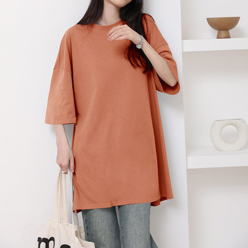 Summer Pure Cotton T-shirt Side Slit Casual
