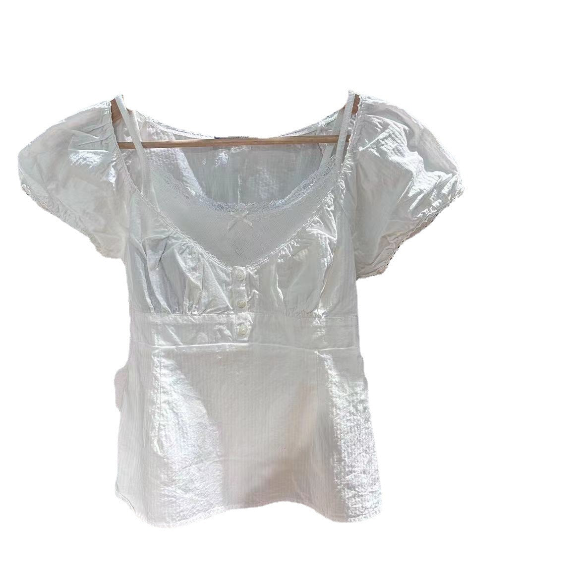 New French Style High Waist Ruffles U-Collar Cotton Top