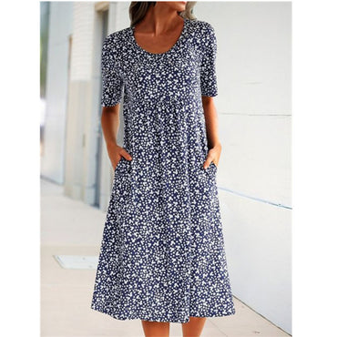Round Neck Short Sleeve Floral Midi Dress