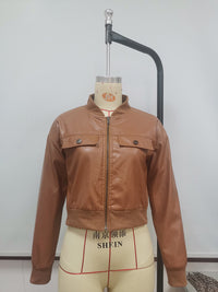 Casual Short Long-sleeved Solid Color Leather Jacket