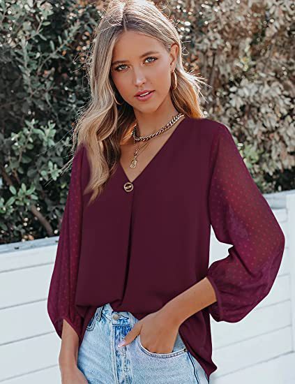 Women's Puff Sleeve V-neck Long Sleeve Shirt - Chic Angle