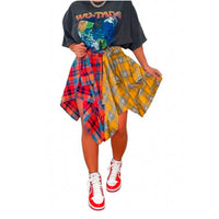 Elegant Irregular Lace-Up Check Midi Skirt