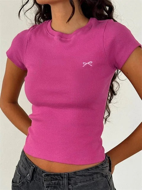 Round Neck Pullover Short Sleeve Butterfly Exquisite Embroidered Top - Chic Angle