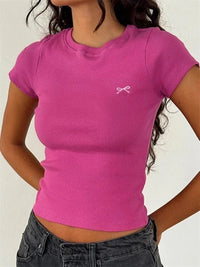 Round Neck Pullover Short Sleeve Butterfly Exquisite Embroidered Top - Chic Angle