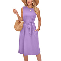 Summer Casual Sleeveless Vest Belt Midi Dress
