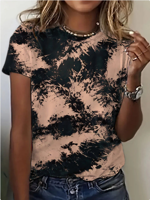 Round Neck Women's Cotton-like Short-sleeved Tie-dye T-shirt - Chic Angle