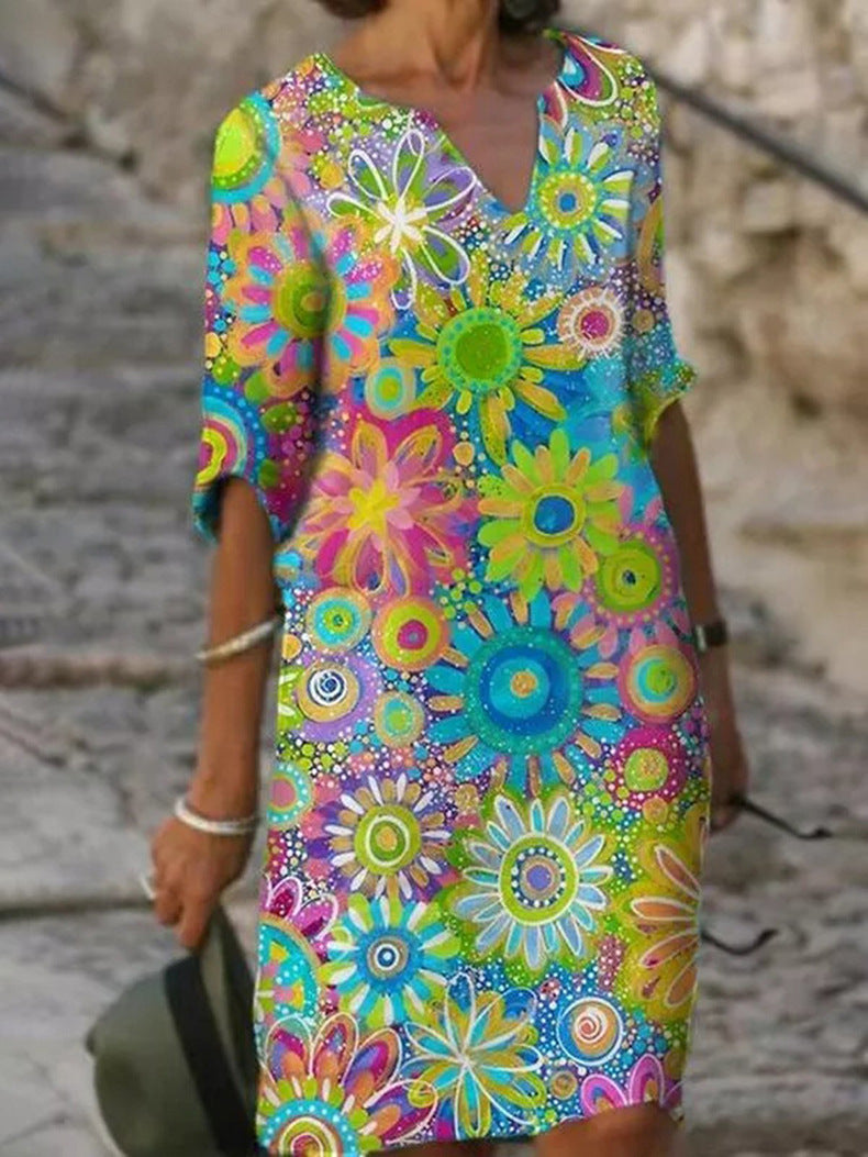 Printed V Neck Half Sleeve Multicolor Midi Dress