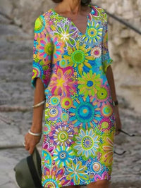 Printed V Neck Half Sleeve Multicolor Midi Dress