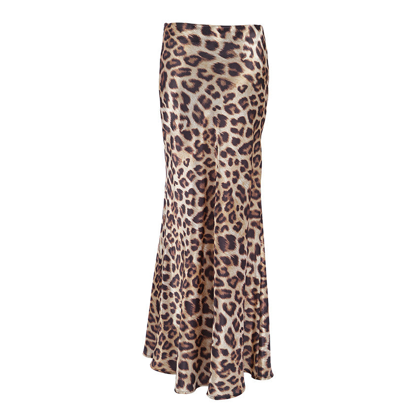 Leopard Print Satin Fishtail Skirt Skirt