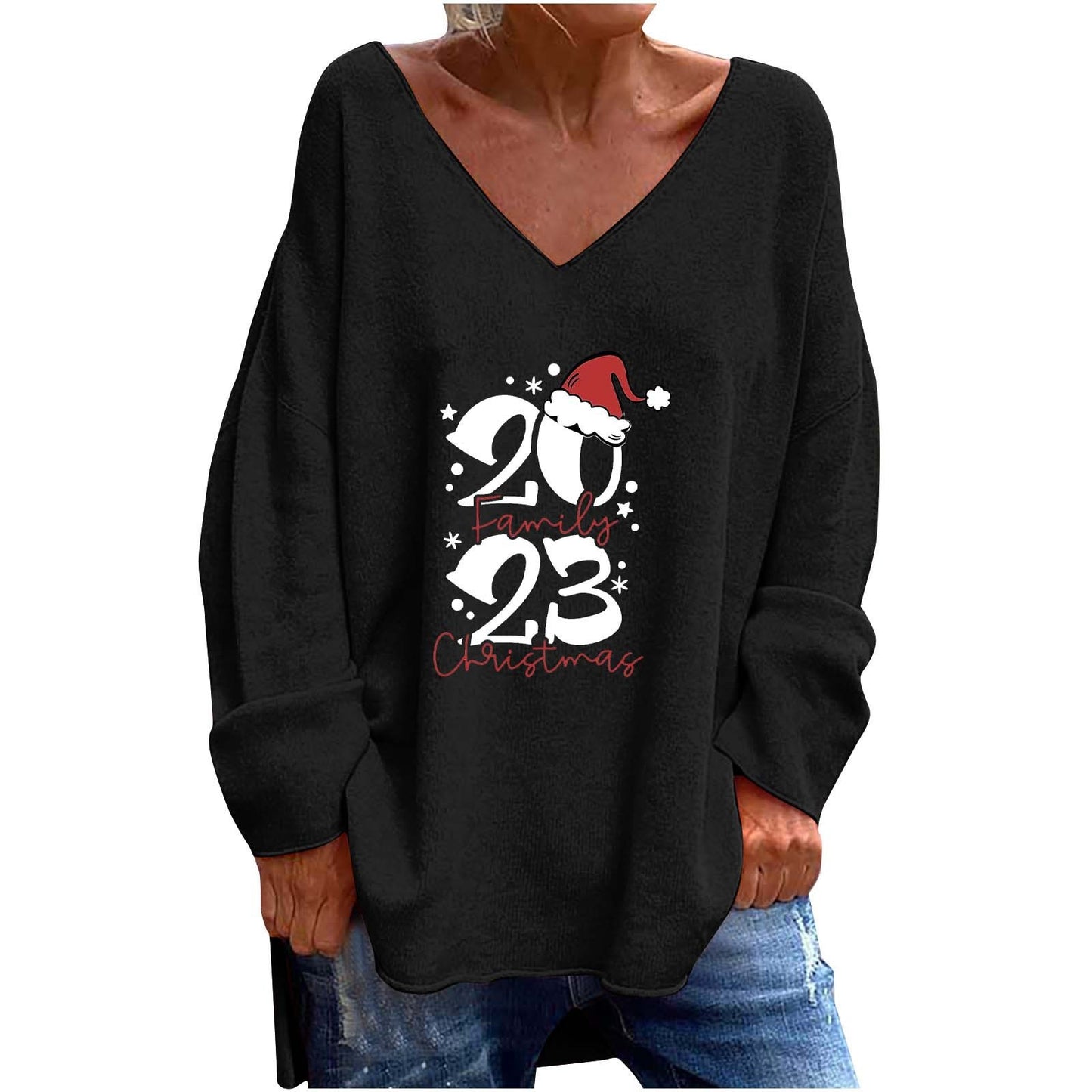 Women's Solid Color And V-neck Loose Casual Long Sleeves Top