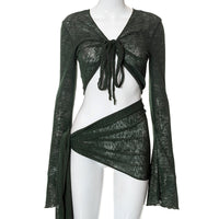 Strap Long-sleeved Wrap Top And Skirt