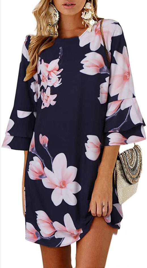 Women's Printed Midi Skirt Loose Waist Round Neck Dress