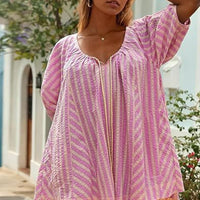 Short Sleeve Striped Shirt Loose Deep V Jumpsuit