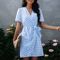 New Plaid Women's Fashion Bow V-neck Dress