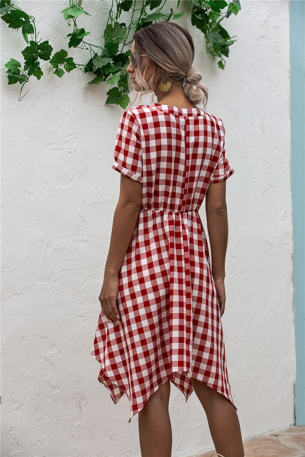 Original Design V-Neck Plaid Irregular Dress