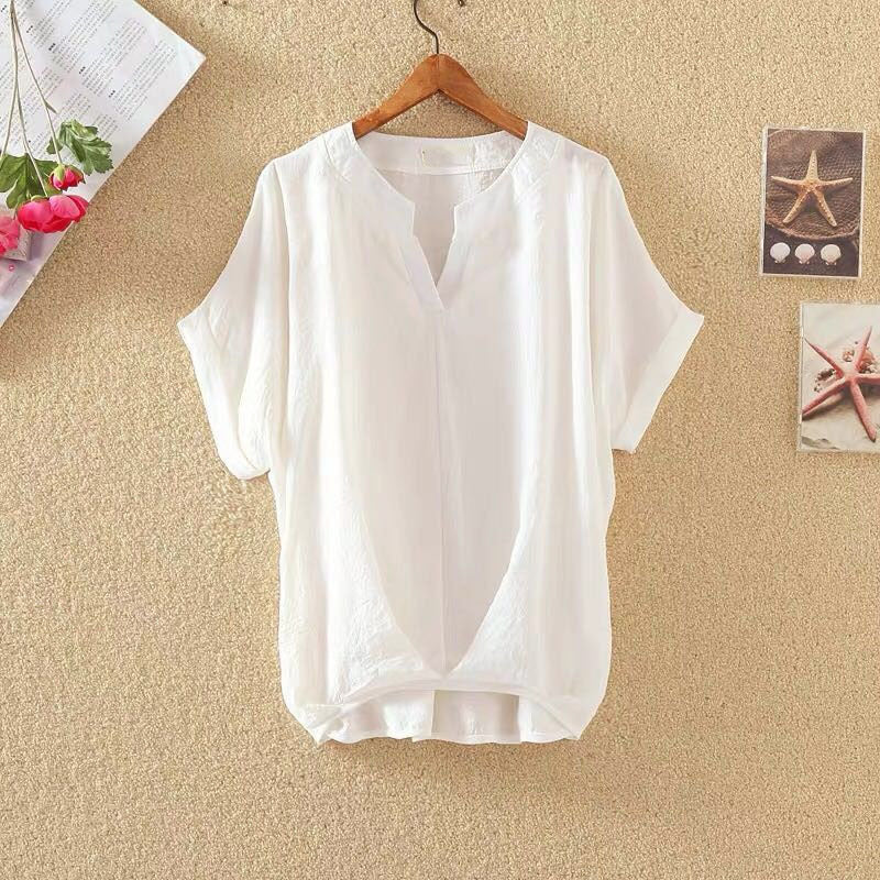 Solid Color And V-neck Batwing Sleeve Top Loose Slimming Cotton And Linen Shirt