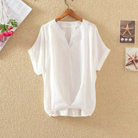 Solid Color And V-neck Batwing Sleeve Top Loose Slimming Cotton And Linen Shirt