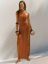 Strappy Halterneck Long Dress With Double Side Slits Design Fashion Summer Vacation Slim Beach Dresses For Womens Clothing