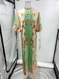Women's Summer Printing Positioning Satin Split Maxi Dress