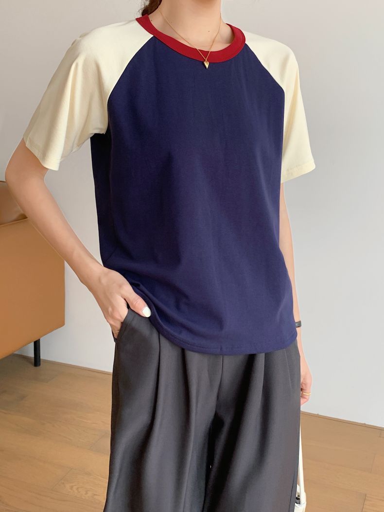 Retro Patchwork Contrast Color Round Neck Short Sleeve