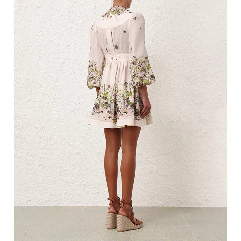 Australian Design Lantern Sleeve Cotton And Linen Temperament Waist-controlled Single-breasted Skirt Vacation Style
