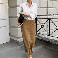 Suede Skirt Women's Elegant Khaki French High Waist Slimming And Straight Long Skirt