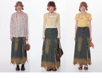 High Waist Mid-length Make Old Ripped Split Denim Skirt