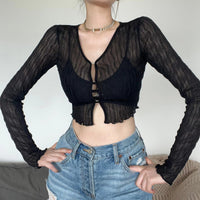 Women's Pure Color Mesh Cardigan Long Sleeve Short T-shirt - Chic Angle