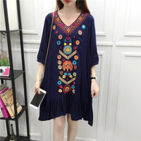 Thin Three-quarter Sleeves Cotton And Linen Mid-length Seaside Holiday Dress