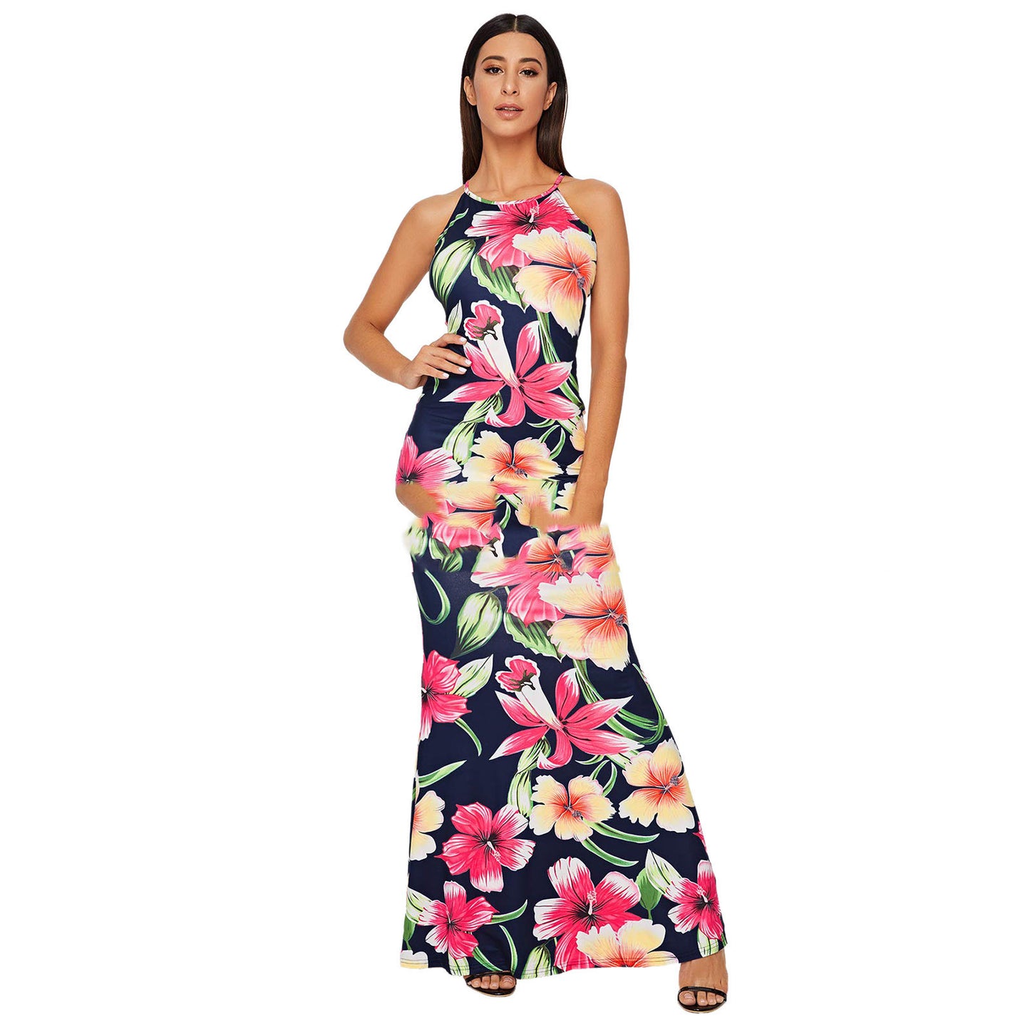Women's Corset Milk Silk Maxi Suspender Print Dress