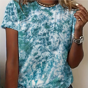 Round Neck Women's Cotton-like Short-sleeved Tie-dye T-shirt - Chic Angle