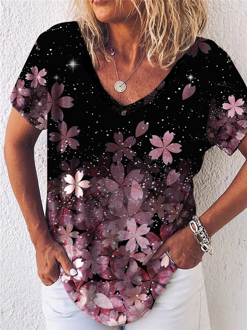 Summer Popular Floral Print Short-sleeved V-neck T-shirt For Women