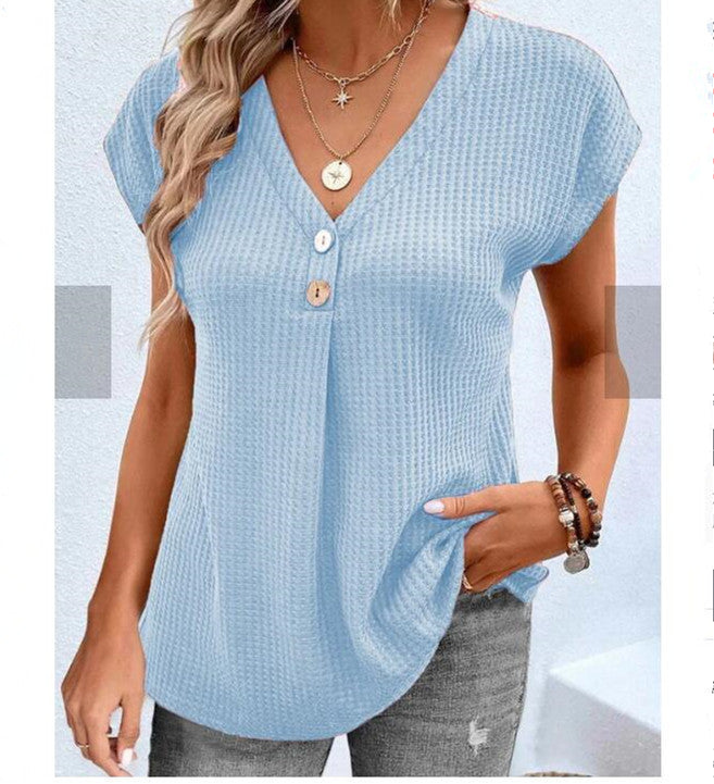 Women's Clothing European And American Top Solid Color Buttons Fashion Short Sleeve - Chic Angle