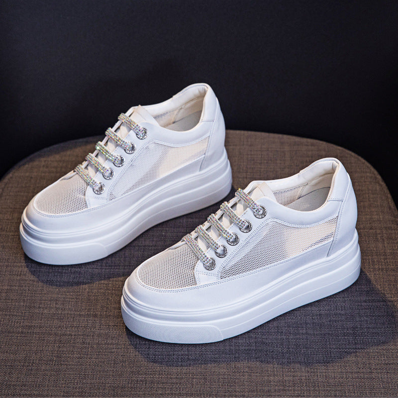 Genuine Leather Platform Versatile Casual Breathable White Muffin Height Increasing Insole Women's Board Shoes - Chic Angle