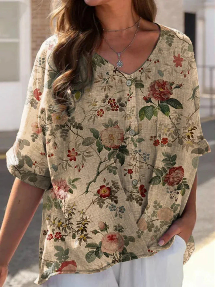 Printed V-neck 5 Points Drop-shoulder Sleeve Cotton And Linen Loose Casual Shirt