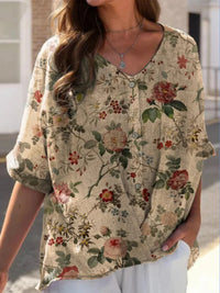 Printed V-neck 5 Points Drop-shoulder Sleeve Cotton And Linen Loose Casual Shirt