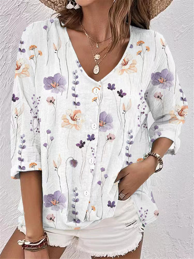 Women's V-neck Button Chiffon Printed Cardigan Long Sleeved Shirt