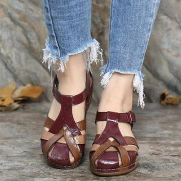 Vintage Round Toe Wedge Ladies Cross Buckle Sandals