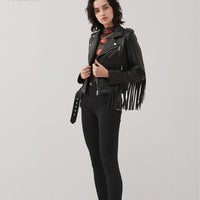 New Women's Tassel Short Slim Leather Jacket Motorcycle