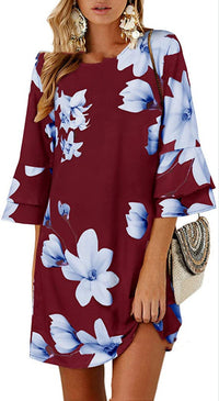 Women's Printed Midi Skirt Loose Waist Round Neck Dress