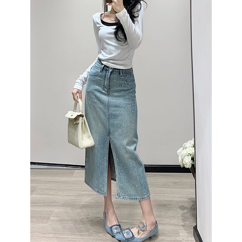 Women's Minimalist Hot Stamping Elastic Denim Skirt